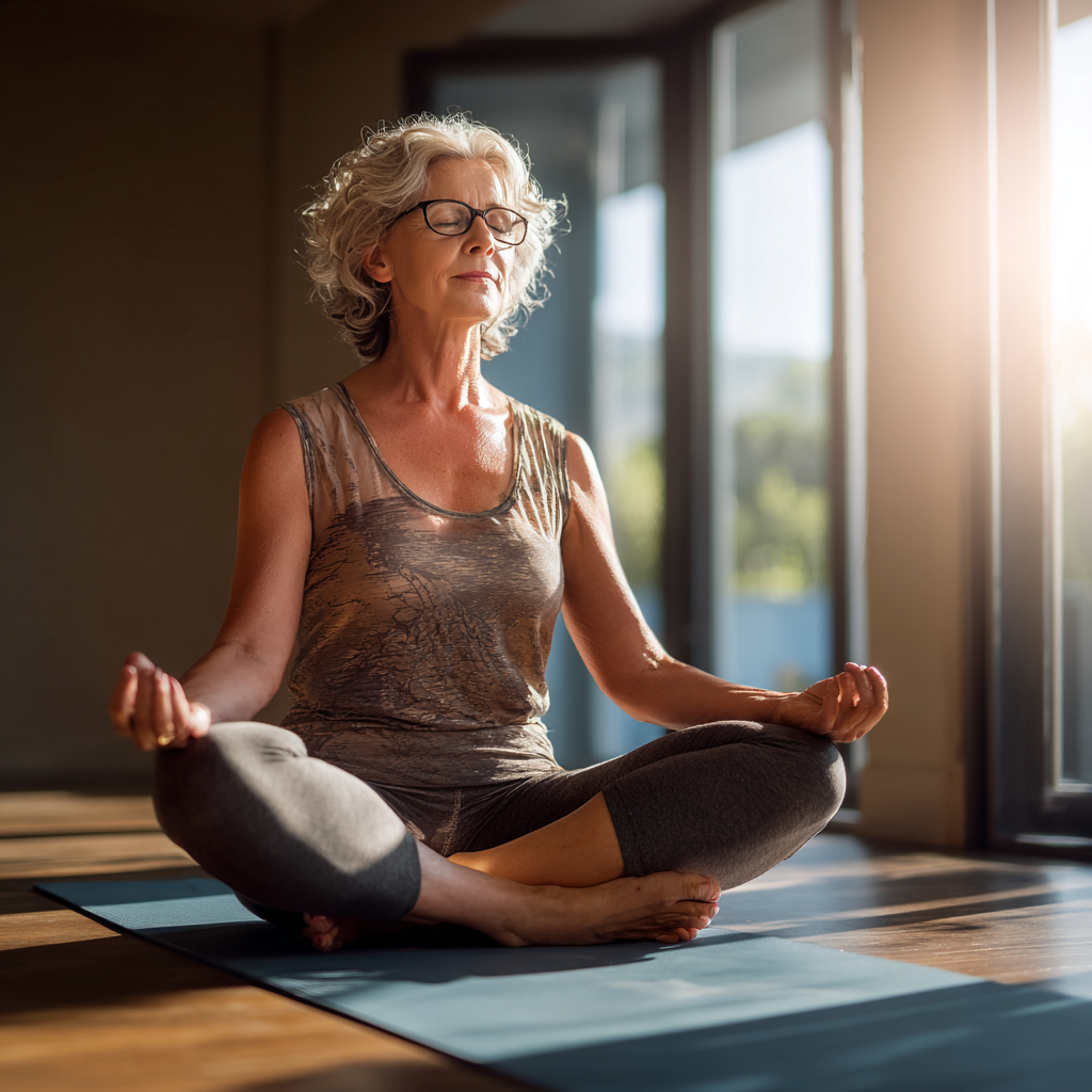 Жена на 55 години практикува йога в спокойна позиция, седнала на йога постелка в светла стая