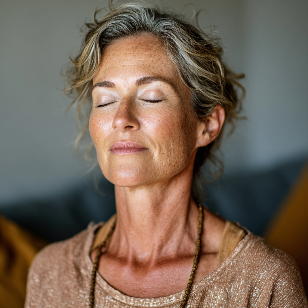 Жена на 58 години практикува дихателни упражнения, седнала удобно с затворени очи в медитативна позиция