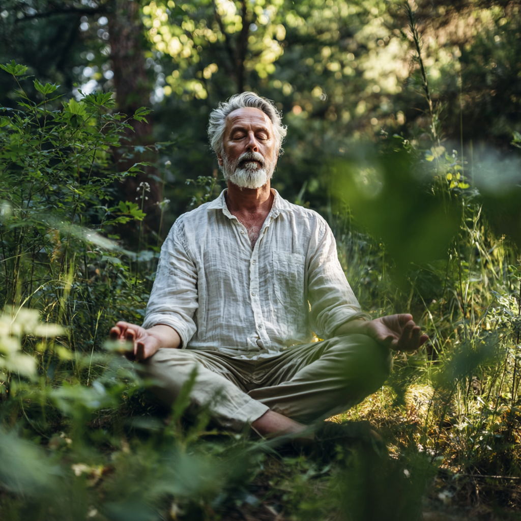 Мъж на 60 години медитира в лотусова позиция сред природата, заобиколен от зеленина и спокойствие